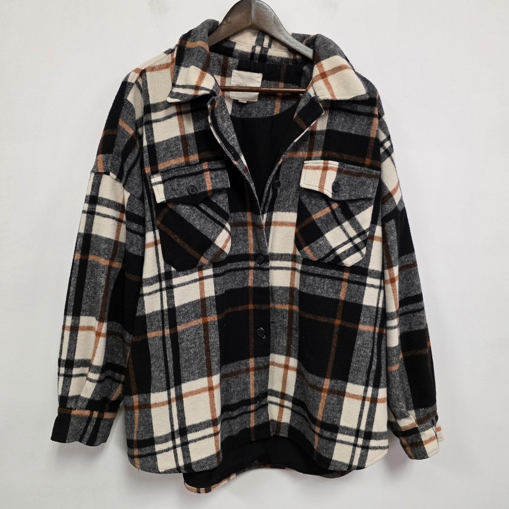 Plaid Button-Front Shacket Jacket - Black, Gray & Cream